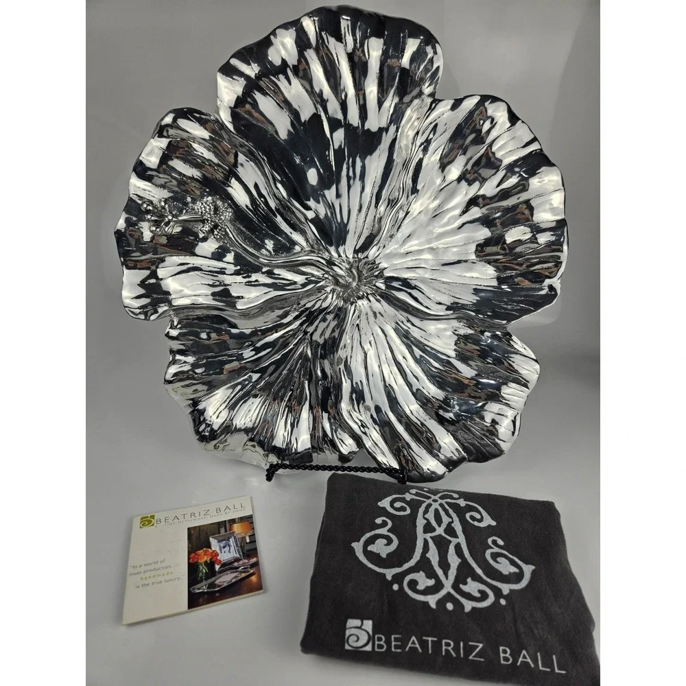 Beatriz Ball ALMA Hibiscus Handmade Polished Aluminum Bowl Platter Dust Bag
